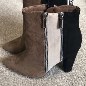 Tri color booties with 4 inch heel